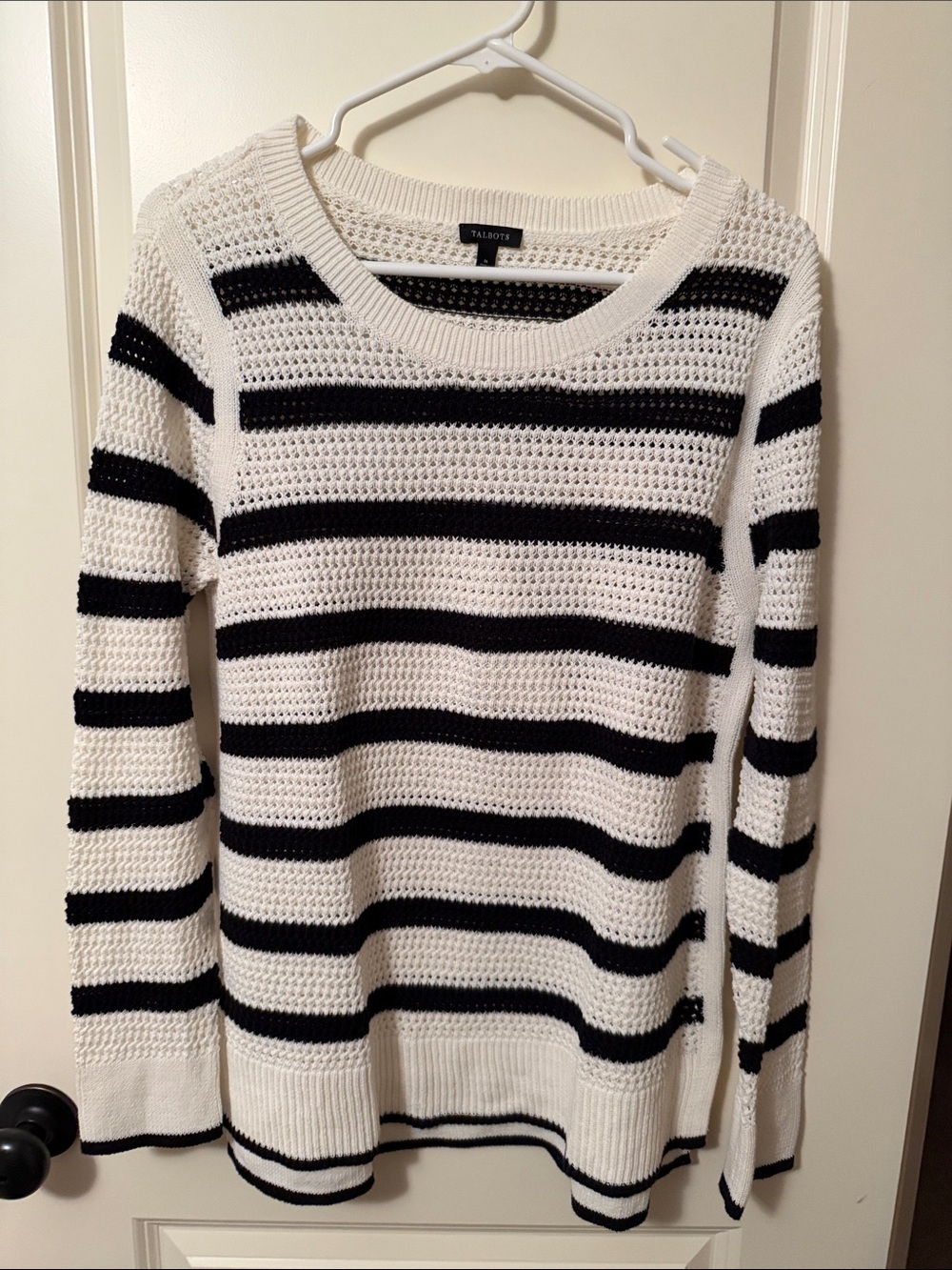 Talbots White and Black Striped Open-Knit Crewneck Sweater